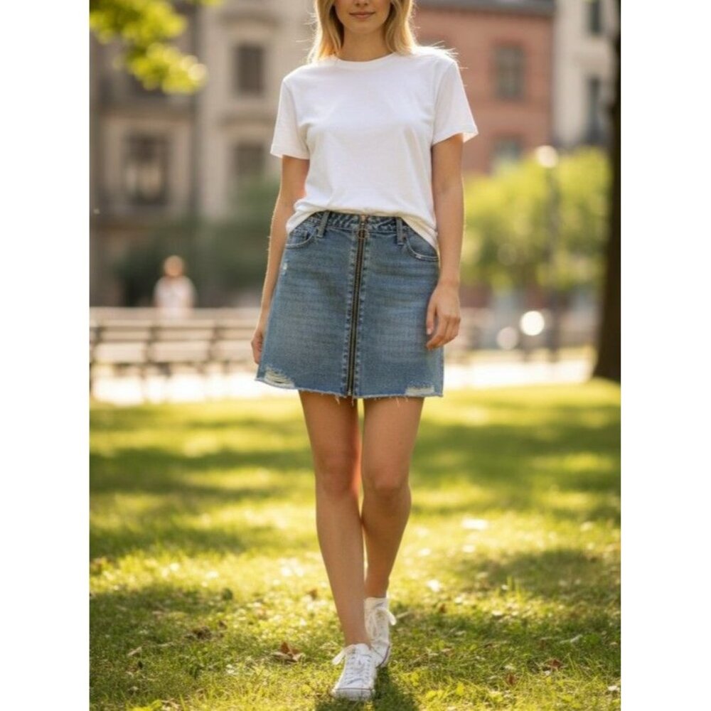 American Bazi Los Angeles Womens Distressed Denim Skirt Size L With Front Zipper - Picture 1 of 13